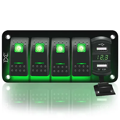 4 Gang Toggle Rocker Switch Panel USB Charger Voltmeter Car Boat Marine RV Green • $27.92