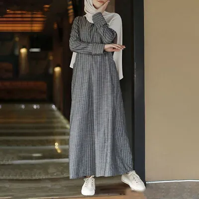 Women Full Length Muslim Maxi Cotton Long Sleeve Striped Side Pocket Shirt Dress • £10.98