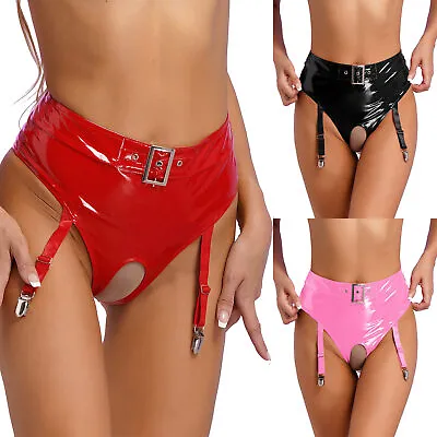 US Women Shiny PVC Leather Briefs Crotchless Thong Garter Clips Bottoms Clubwear • $7.51