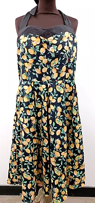 Dress Halter Neck Lindy Bop 18 Lemons Black Yellow Fit & Flare T2172 R5773 • £12.99