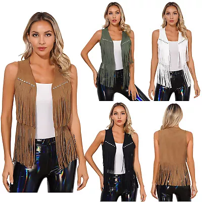 UK Womens Cowgirl Costume Sleeveless Fringe Waistcoat Cowboy Sheriff Tassel Vest • £8.49