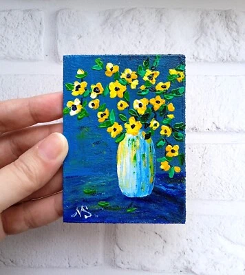 $20 • Buy ACEO Wildflowers In Vase Painting Yellow Flower Bouquet Original Art 3,5x2,5 In
