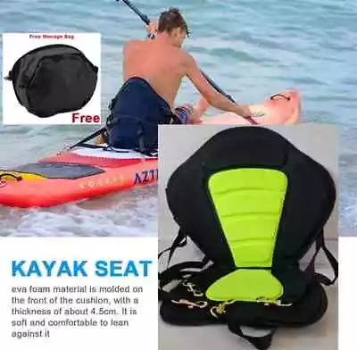 Kayak Canoe Seat Adjustable Back Rest Support Cushion Free Storage Bag-BK/Green • £18.20