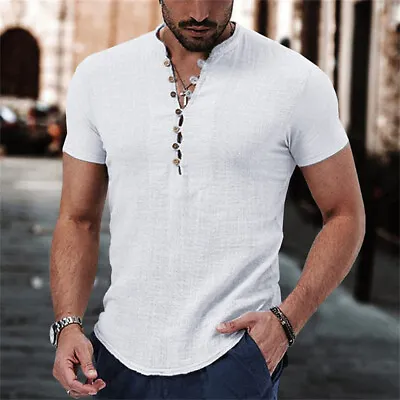 Men Pullover Shirt Tops Blouse Tunic T-Shirt Linen Cotton Solid Beach Fashion UK • £13.79