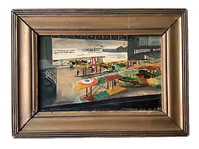 French Airplane Hangar Plane Caudron World War I Vintage Oil Painting • $1400