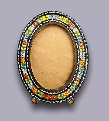 Antique Micro Mosaic Yellow Red Orange Flowers Oval Photo Frame • $87