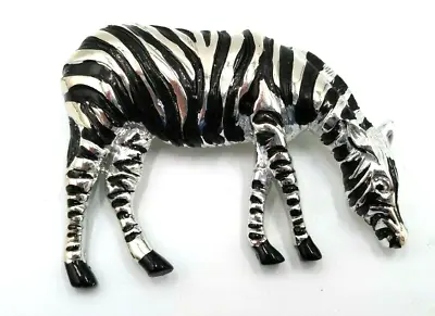 Vintage Resin Silver Tone & Black Striped Grazing 2.5   Zebra Brooch Pin      • $12.74