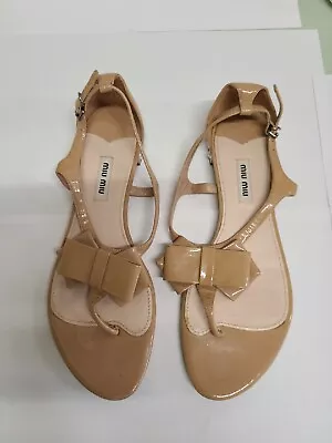 MIU MIU Bow T-strap VERNICE Patent Leather Jewel Heels Sandals 40.5/9- 9.5 US • $125