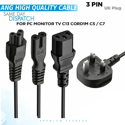 £4.87 • Buy For PC Monitor TV C13 Cord1m C5 / C7 IEC Kettle Lead Power Cable 3 Pin UK Plug
