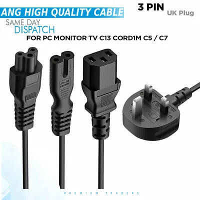 For PC Monitor TV C13 Cord1m C5 / C7 IEC Kettle Lead Power Cable 3 Pin UK Plug • £6.80