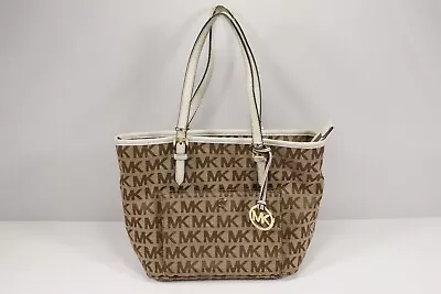 Michael Kors Jet Shoulder Bag Brown Mocha Monogram White Leather Trim - READ! • $19.99