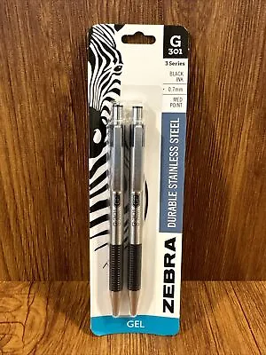 Zebra G-301 Retractable MD Ballpoint Gel Pen 0.7mm S/S Barrel Black Ink 2 Pk • $5.95