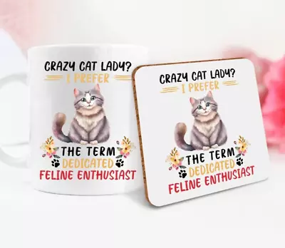 Crazy Cat Lady Mug OR Mug & Coaster Set  Feline Enthusiast Cat Lover Gift Funny • £3.99