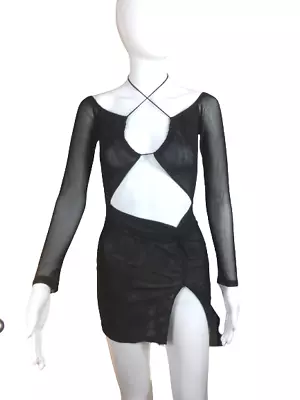 Women Sexy Sheer Mesh Cut Out Bodycon Dress With Slit Knot Long Sleeve Black • $9.99