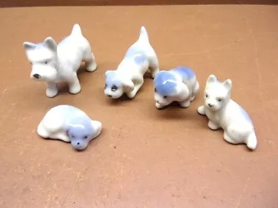 Vintage Lot Of 5 Ceramic Puppy Dog Miniatures White & Blue TOO CUTE Figurines • $14.99