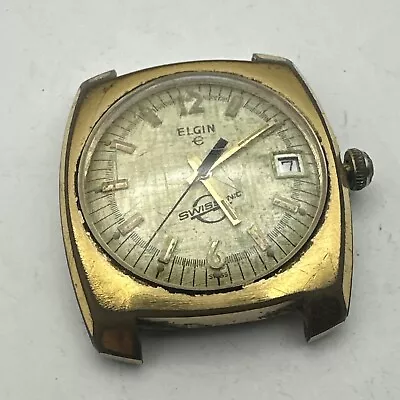 Vintage Elgin Swisssonic Watch Men Gold Tone White Dial Date 35mm PARTS • $12.95