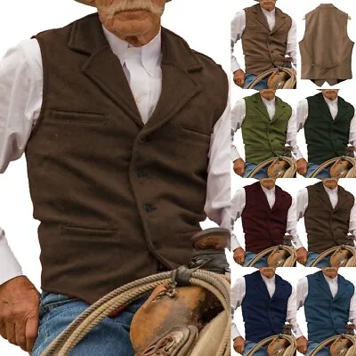 Mens Retro Vest Vintage Farmer Tweed Cowboy Herringbone Casual Hunting Waistcoat • $27.97