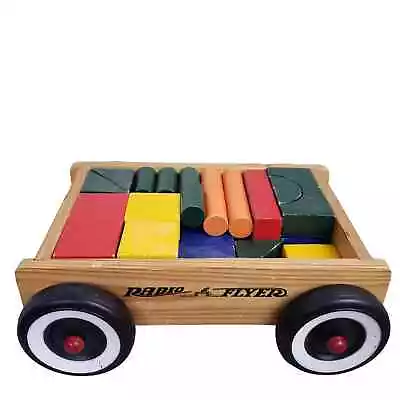 Vintage RADIO FLYER 4 Wheel Wooden Pull Wagon With 29pcs Building Wood Blocks • £14.43