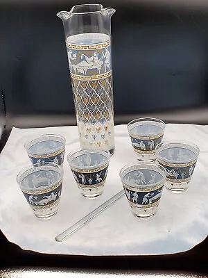 Cera Glass Etruscan Frieze Greek Key Blue Gold Vintage Cocktail Set. Retro • $63.60