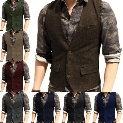 Mens Vintage Tweed Vests Wedding Herringbone Party Wool Blend Waistcoat 46 48 50 • $25.16