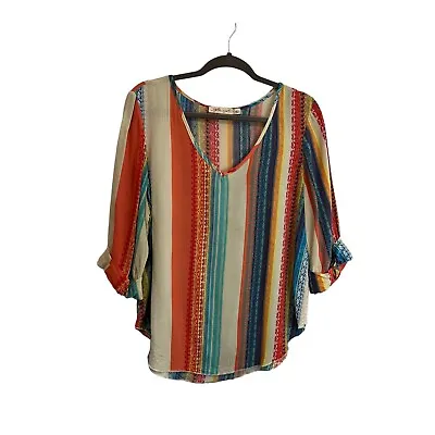 Liberty Love Striped Aztec V Neck 3/4 Sleeve Boho Top Beige Blue Womens Size L • $10.99