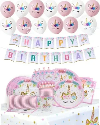 UNICORN Happy Birthday Children Girls Tableware Set Supplies Balloons Decoration • £29.99