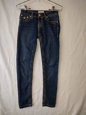 LA Idol USA Jeans Skinny  Thick Stitching Rhinestones Dark Blue Wash Size 0 • $14.90