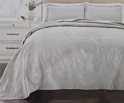 Martha Stewart Floral Matelasse Cotton FULL Bedspread & Shams Set Light Gray • $49.99