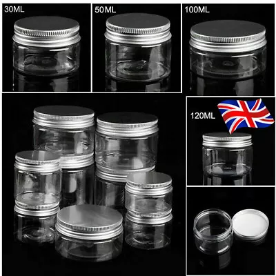 20-150ml Empty Clear Plastic Cosmetic Jars Cream Lotion Lip Balm Refillable Pots • £5.59