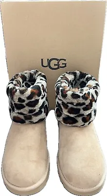 UGG Fluff Mini Quilted Leopard Cuff Suede Sheepskin Ankle Boots Size 8 Women • £39.58