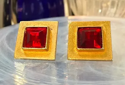 VTG 80's Designer YVES Saint Laurent Ruby Art Glass Gold Plate Earrings Gorgeous • £79.17