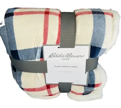 New Eddie Bauer Home Plush Sherpa Throw Blanket 60  X 70  Plaid Red Beige Navy  • $35