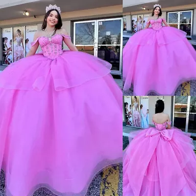 Hot Pink Quinceanera Dresses Off Shoulder Sweet 16 Prom Pageant Bow Ball Gowns • $138.83