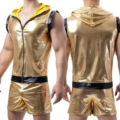 Premium Gold Tight Leather Shorts And Tank Tops Set For Men's Party Outfit • £27.40