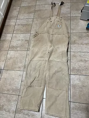 Carhartt Bib Coveralls 44x32 Beige Double Knee Bib Distressed • $40