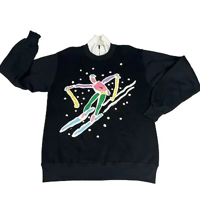 Ken Done Ski Sweatshirt Art To Wear VTG 80’s USA Womens Large Black Retro Y2K • £34.72