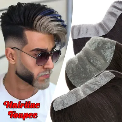 Multi-Size Mens Toupee Human Hair Piece Front Hairline Topper Replacement System • £59.85