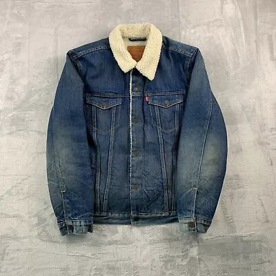 LEVIS Denim Jacket Mens L Large Sherpa Lined Trucker Cotton Red Tab Snap Blue • £49.90