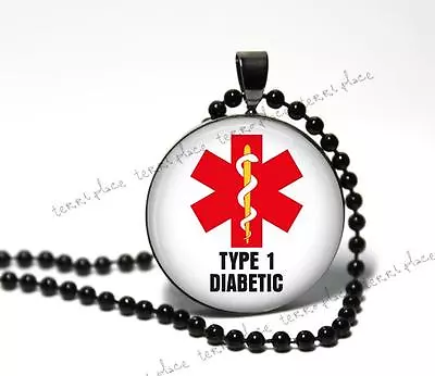 Type 1 Diabetic Medical Alert Necklace Glass Pendant Black Setting & Chain • $10.95