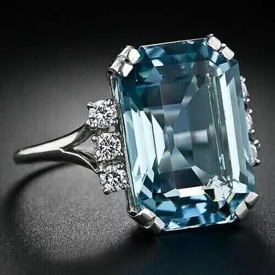 Ladies Lab Created Aquamarine 4Ct Emerald Cut Solitaire Ring 14K White Gold Over • $69.99