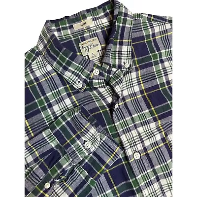 J Crew Mens Large Slim Fit Indian Madras Green Blue Plaid Long Sleeve Button Dow • $19.99