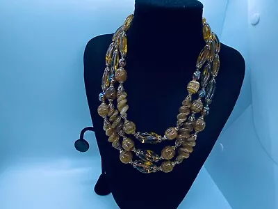 Vtg. Honey Amber Murano Glass Gold Tone Filigree 3-strand Necklace 376 • $9.20