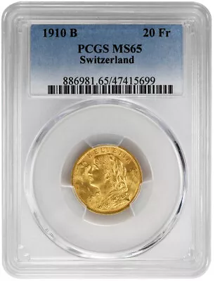 1910 B 20 Francs PCGS MS65 Switzerland • $975