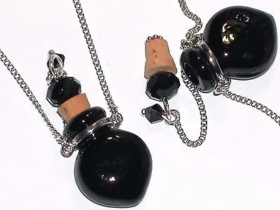 1pc Murano Glass BLACK Perfume Heart Bottle Cork Pendant Vial Locket Necklace * • $29.95