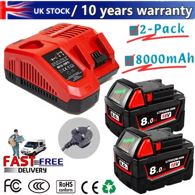 2X For Milwaukee M18 M18B6 18V XC 8.0Ah 12Ah Li-ion Battery /Charger 48-11-1820 • £17.49