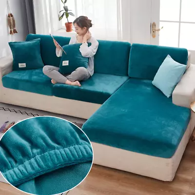 Velvet Sofa Seat Cover Cushion Thick Jacquard Solid Soft Stretch Sofa Slipcovers • $34.89