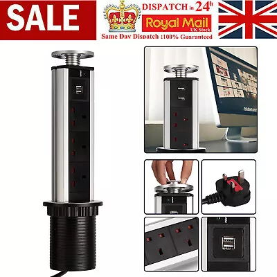 £25.99 • Buy Pull Pop Up Electrical Socket 3 Plug 2 USB Kitchen Worktop Silver Top 1.8M Lead