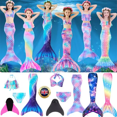 Girls Mermaid Tail Swimming Costume Swimmable Bikini Set Summer Swimsuit Kids UK • £10.82