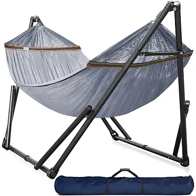 Double Hammock With Stand Included For 2 Persons Foldable Inhouse Outdoor Grey • $139.57