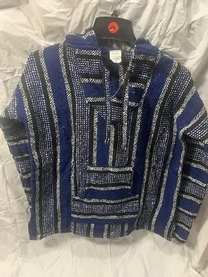 Artesanias Mexican Hoodie Poncho Mens Medium Dk Blue Striped Baja • $22.19